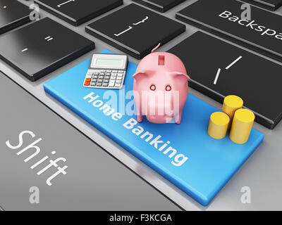 Moteur de rendu 3d image. Tirelire avec la calculatrice sur le clavier de l'ordinateur. Banque Internet concept. Banque D'Images