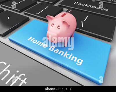 Moteur de rendu 3d image. Tirelire sur le clavier de l'ordinateur. Banque Internet concept. Banque D'Images