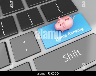 Moteur de rendu 3d image. Tirelire sur le clavier de l'ordinateur. Banque Internet concept. Banque D'Images