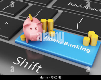 Moteur de rendu 3d image. Piggy bank with coins sur le clavier de l'ordinateur. Banque Internet concept. Banque D'Images