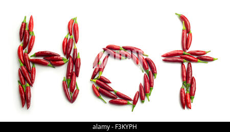 Jardin potager en forme de piment rouge dans le mot 'chaud' sur un fond blanc. Banque D'Images