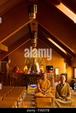 (151009) -- BEIJING, 9 octobre 2015 (Xinhua) -- Les moines s'asseoir en méditation dans Longquan monastère à Beijing, capitale de la Chine, le 27 septembre 2015. Longquan monastère est situé au pied de la crête de Fenghuangling (Phoenix) à la périphérie ouest de Beijing. Construit en première dynastie Liao (907-1125), le monastère retrouve sa réputation en tant qu'il englobe l'Internet mobile de l'âge. Tous les matins, Maître Xuecheng répond aux questions des internautes sur Twitter du monastère Longquan Weibo, l'équivalent-compte de qui sera traduite en neuf langues et diffusé. WeChat ou Weixin sa (messagerie instantanée, Banque D'Images