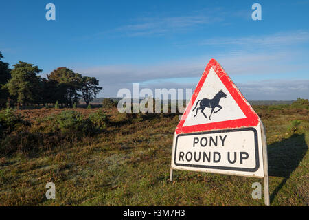 Pony round up attention panneau routier dans la New Forest Hampshire UK Banque D'Images