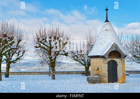 Entrée du donjon. Le Château de Gruyères. Il est situé dans la ville médiévale de Gruyères, Fribourg, est l'un des plus célèbres en Suisse Banque D'Images