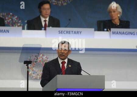 Lima, Pérou. 9 octobre, 2015. Le Président du Pérou Ollanta Humala traite de la session plénière des assemblées annuelles des Conseils des gouverneurs du Groupe de la Banque mondiale et le Fonds monétaire international (FMI) à Lima, Pérou, le 9 octobre 2015. © Carlos Guzman Negrini/ANDINA/Xinhua/Alamy Live News Banque D'Images