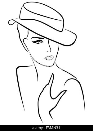 Jeune femme élégante dans un chapeau, noir dessin main contour vectoriel Illustration de Vecteur