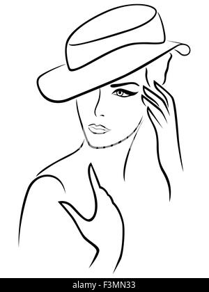 Jeune femme élégante dans un chapeau, dessin vectoriel contours noirs sur fond blanc Illustration de Vecteur