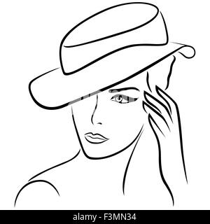 Jeune fille élégante dans un chapeau, noir dessin main contour vectoriel Illustration de Vecteur
