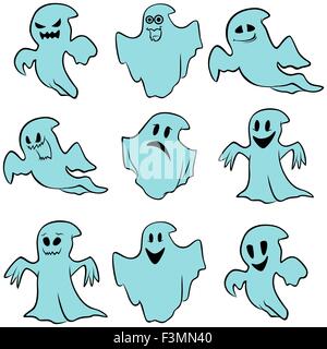 Ensemble de neuf flying blue ghosts avec divers caractères isolé sur un fond blanc, cartoon Halloween vector illustration Illustration de Vecteur