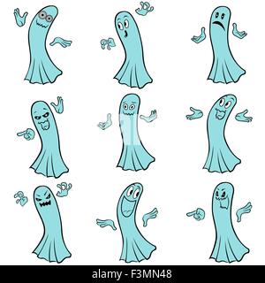Série de 9 fantômes bleu avec différents personnages isolé sur un fond blanc, cartoon Halloween vector illustration Illustration de Vecteur