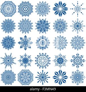 Ensemble de vingt cinq belles bleu flocons isolé sur un fond blanc, dessin à la main vector illustration Illustration de Vecteur