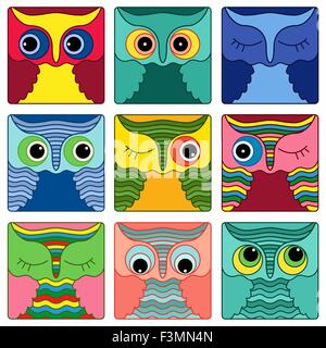 Ensemble de neuf visages amusants owl colorés placés dans des formes carrées et isolé sur un fond blanc, cartoon vector illustration comme Illustration de Vecteur