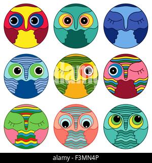 Ensemble de neuf visages amusants owl colorés placés dans un des cercles et isolé sur un fond blanc, cartoon vector illustration comme ic Illustration de Vecteur