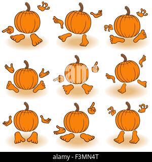 Ensemble de neuf Halloween citrouille orange drôles que gesticuler avec les mains et les pieds, vue de l'arrière, isolé sur le dos blanc Illustration de Vecteur