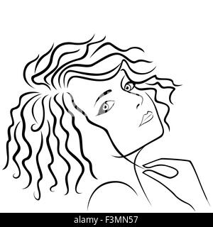 Résumé belle jeune fille demi-tour à la tête et maintenant mèche de cheveux dans la main, main contour dessin vectoriel Illustration de Vecteur