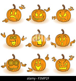 Ensemble de neuf Halloween citrouille orange avec différents personnages qui gesticulent face avec la main et grimace isolated on white ba Illustration de Vecteur