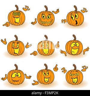Ensemble de neuf Halloween citrouille orange amusante avec différents personnages qui gesticulent face avec la main et grimace isolé sur Illustration de Vecteur