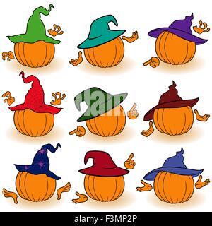 Ensemble de neuf Halloween citrouille orange en couleur chapeaux que gesticuler avec les mains, vue de l'arrière, isolé sur blanc le backg Illustration de Vecteur