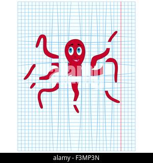 Octopus red pris dans les lignes de la feuille à carreaux, cartoon vector illustration Illustration de Vecteur