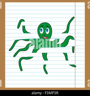 Cute green octopus pris dans les lignes de la feuille, cartoon vector illustration Illustration de Vecteur