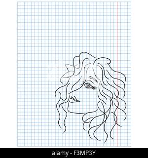 Tête de femme avec des cheveux bouclés dessin sur une feuille à carreaux, vector illustration Illustration de Vecteur