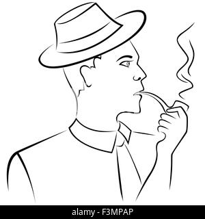 L'homme à chapeau rétro fumant une pipe, dessin à la main contour vectoriel Illustration de Vecteur