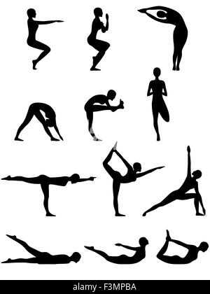 Ensemble de douze femmes isolées abstract vector silhouettes noires de postures de yoga Illustration de Vecteur