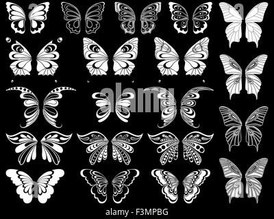 Set de 20 pochoirs d'ornement blanc de beaux papillons isolé sur un fond noir, dessin à la main vector illustratio Illustration de Vecteur