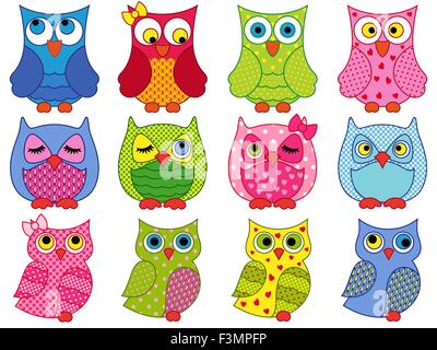 Ensemble de douze dessins colorés avec des chouettes vecteur divers caractères isolé sur fond blanc Illustration de Vecteur