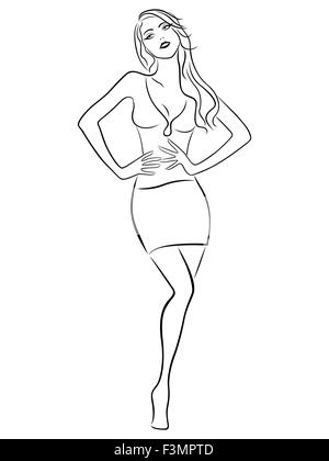 Belle jeune fille élancée dans une jupe courte, dessin à la main contour vectoriel Illustration de Vecteur