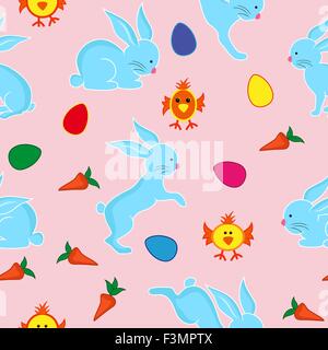 Modèle vectoriel continu de Pâques avec le lapin bleu, œufs de Pâques, les petits poulets et les carottes Illustration de Vecteur