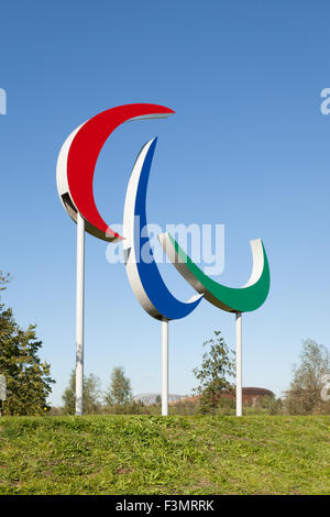 Le symbole des Jeux Paralympiques dans le parc Queen Elizabeth Olympic Park, héritage de les jeux de 2012 à Londres, au Royaume-Uni. Banque D'Images
