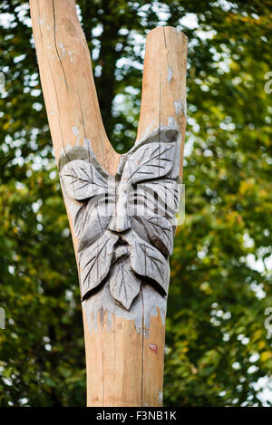 Les visage de l'homme sculpté dans un post en bois dans un parc de jeux pour enfants. Wolverton Mill, Milton Keynes, UK. Banque D'Images