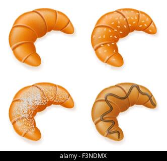 Définir des icônes des croissants frais croustillant aux graines de sésame et de sucre en poudre chocolat vector illustration isolé sur blanc zone Illustration de Vecteur