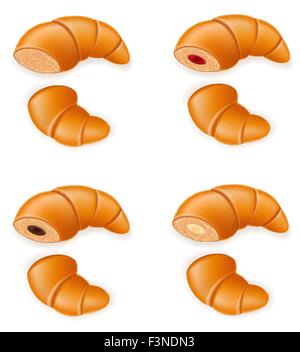 Définir des icônes croustillant frais croissants avec de la confiture et de la crème au chocolat vector illustration isolé sur fond blanc Illustration de Vecteur