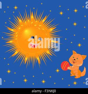 Soleil souriant et chaton avec une balle contre le ciel. Dessin à la main Cartoon Vector Illustration Illustration de Vecteur