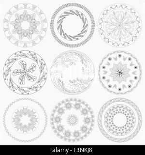 Ensemble de neuf différents modèles floraux circulaire pour les plats en céramique ou autre décoration. Dessin vectoriel éditable part illustra Illustration de Vecteur