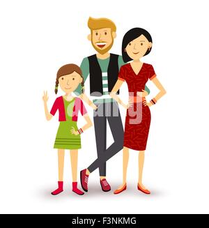 Les gens collection : un enfant de famille heureuse génération de groupe avec papa, maman et jeune fille en illustration style plat. Illustration de Vecteur