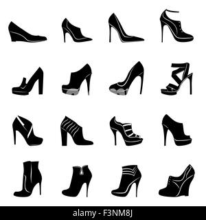 Ensemble de seize différents modèles de chaussures femmes élégant, noir et blanc, dessin à la main silhouette vector illustration Illustration de Vecteur