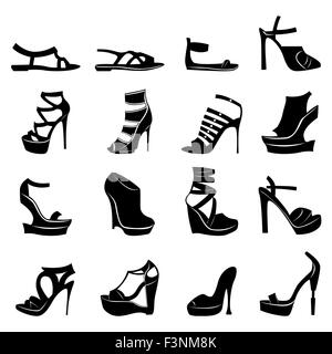 Collection de 16 silhouettes de différents modèles de chaussures femmes élégantes, B&W dessin à la main vector illustration Illustration de Vecteur