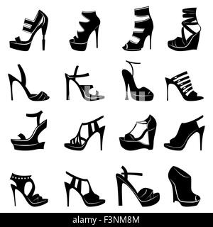 Collection de 16 modèles différents de chaussures femmes élégantes isolé sur fond blanc, dessin à la main il vecteur silhouette Illustration de Vecteur