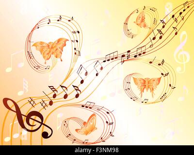 Diverses notes de musique sur discontinue et de papillons volant le long, dessin à la main vector illustration stylisée Illustration de Vecteur