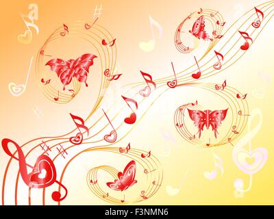 Diverses notes de musique avec des coeurs sur discontinue et de papillons volant le long, dessin à la main Valentine vector illustration Illustration de Vecteur