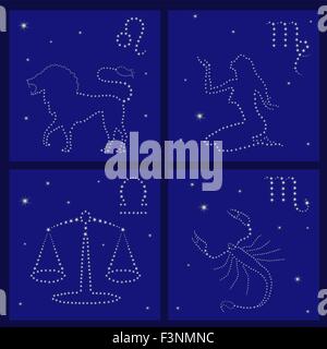 Quatre signes du zodiaque sur le ciel étoilé vector illustration : Lion, Vierge, Balance, Scorpion Illustration de Vecteur