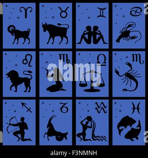 Ensemble de douze silhouettes noires des signes du zodiaque vector illustration : Bélier, Taureau, Gémeaux, Cancer, Lion, Vierge, Balance, Scorpion, Illustration de Vecteur