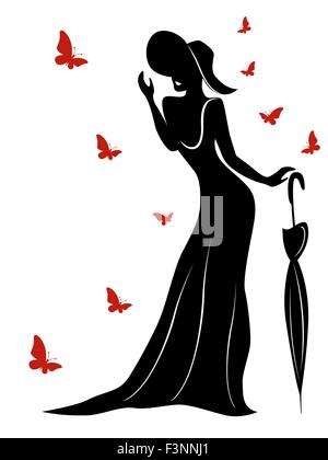 Dame en robe longue et portant un chapeau avec un parapluie et des papillons autour d'elle, contour vector Illustration Illustration de Vecteur