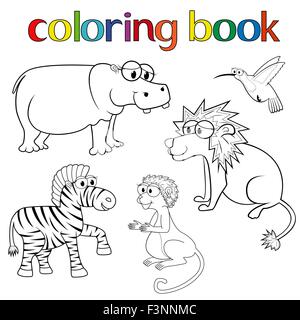Des animaux pour kit de coloriage, hippopotame, Lion, zèbre, singe, colibri et cartoon vector illustration Illustration de Vecteur