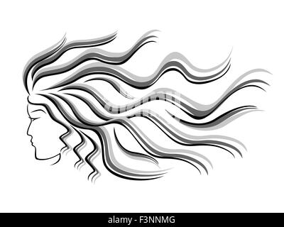 Noir et gris de silhouette de femme aux longs cheveux, dessin à la main vector illustration Illustration de Vecteur