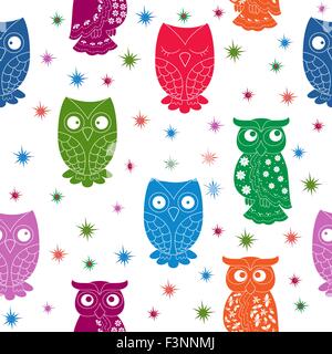 Owl et d'étoiles multicolores motif dentelle transparente avec les organes d'ornement et sans courbes, dessin à la main cartoon vector il Illustration de Vecteur
