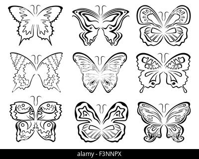Ensemble de six papillons noir sur blanc les contours, dessin à la main les images vectorielles Illustration de Vecteur